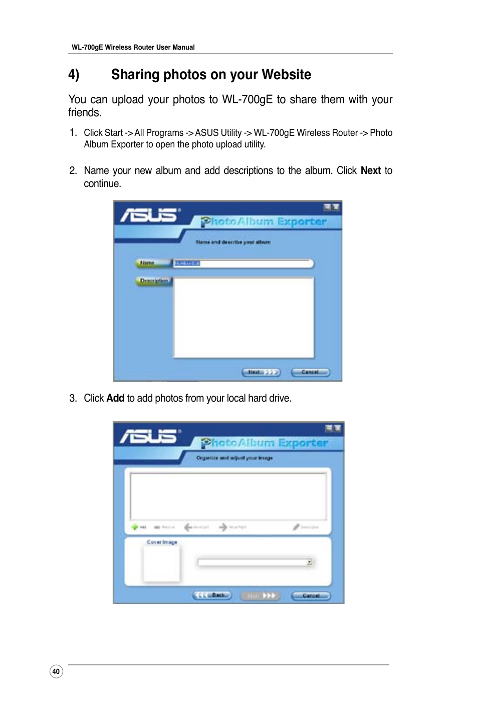 4) sharing photos on your website | Asus WL-700gE User Manual | Page 40 / 57