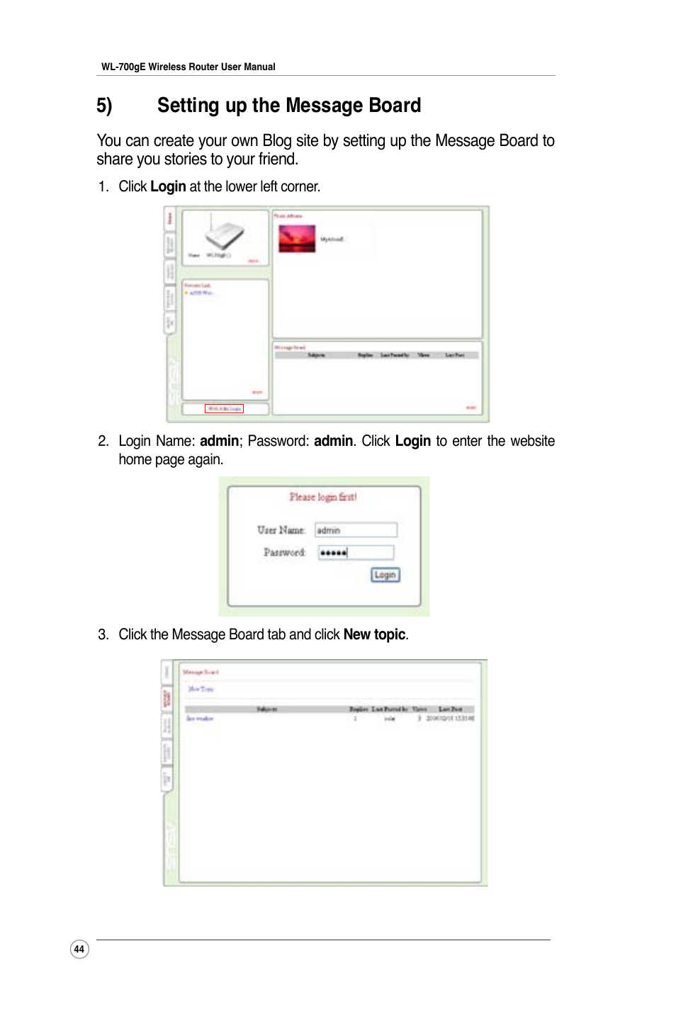 5) setting up the message board | Asus WL-700gE User Manual | Page 44 / 57