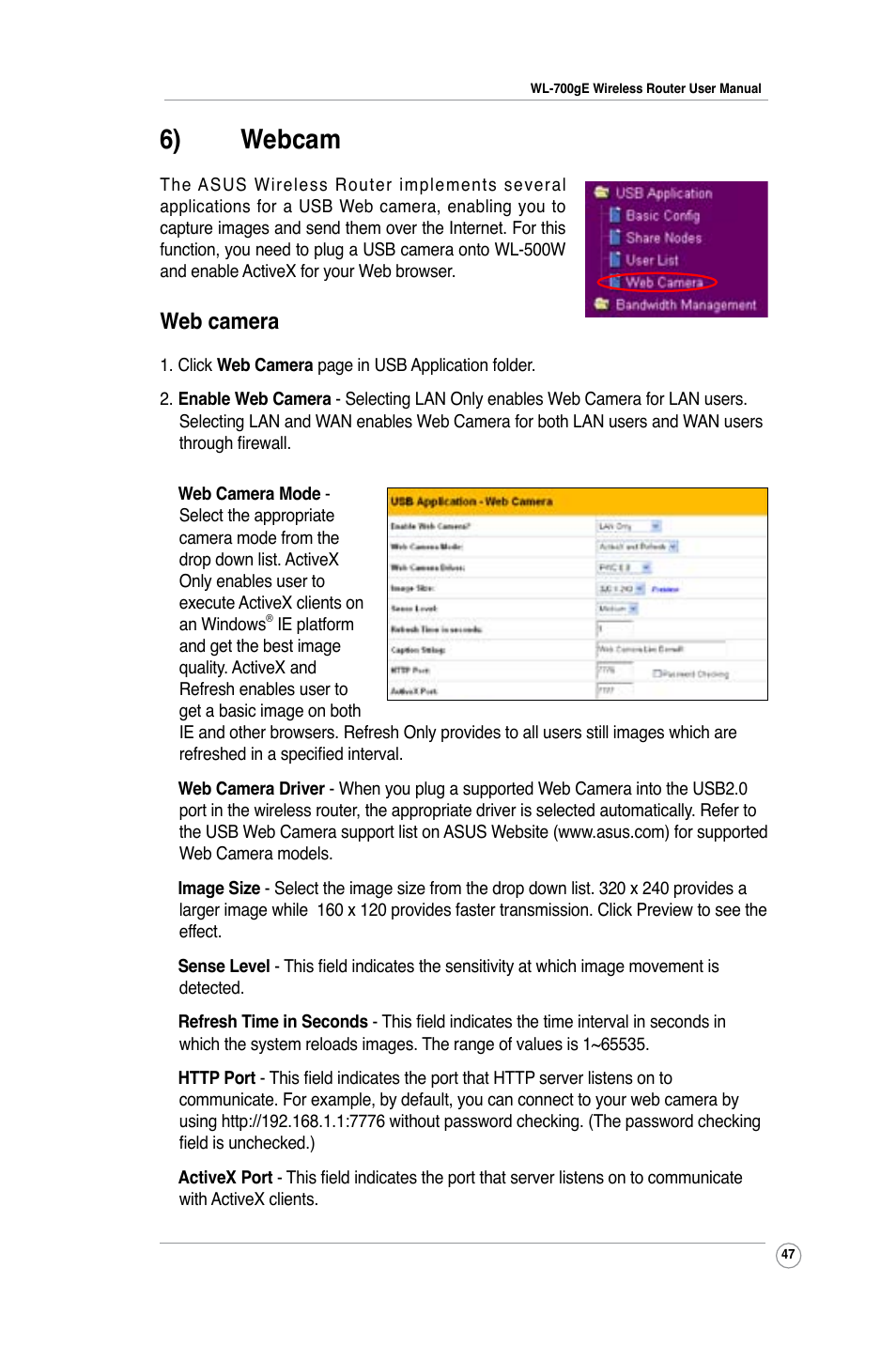 6) webcam, Web camera | Asus WL-700gE User Manual | Page 47 / 57