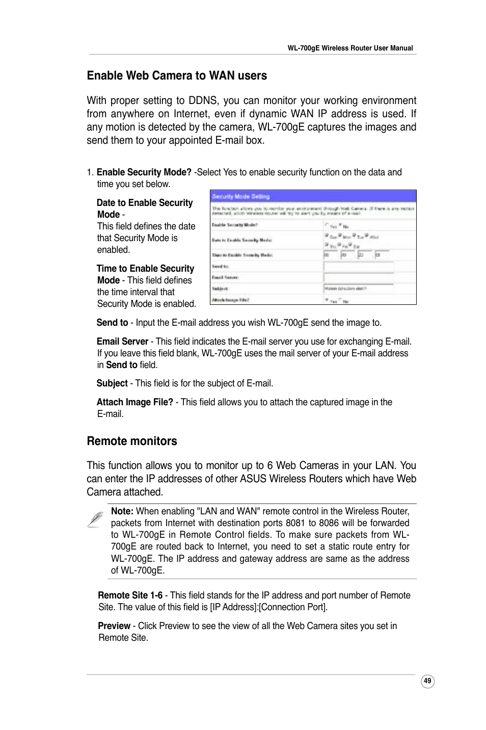 Remote monitors, Enable web camera to wan users | Asus WL-700gE User Manual | Page 49 / 57