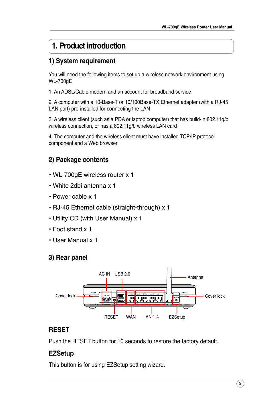 Product introduction, 2) package contents, 1) system requirement | Reset, Ezsetup, 3) rear panel | Asus WL-700gE User Manual | Page 5 / 57