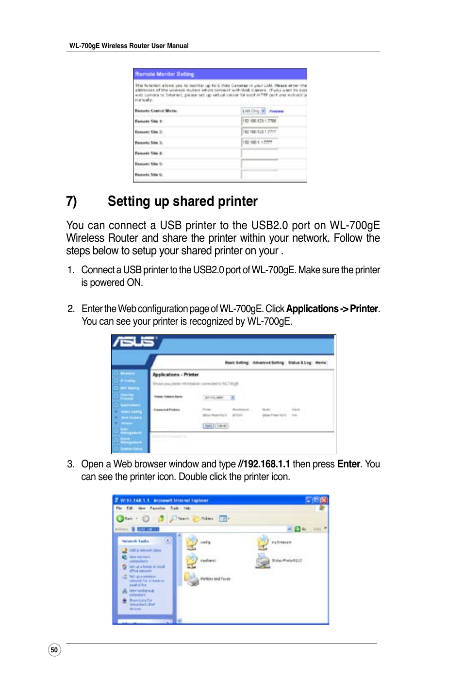 7) setting up shared printer | Asus WL-700gE User Manual | Page 50 / 57