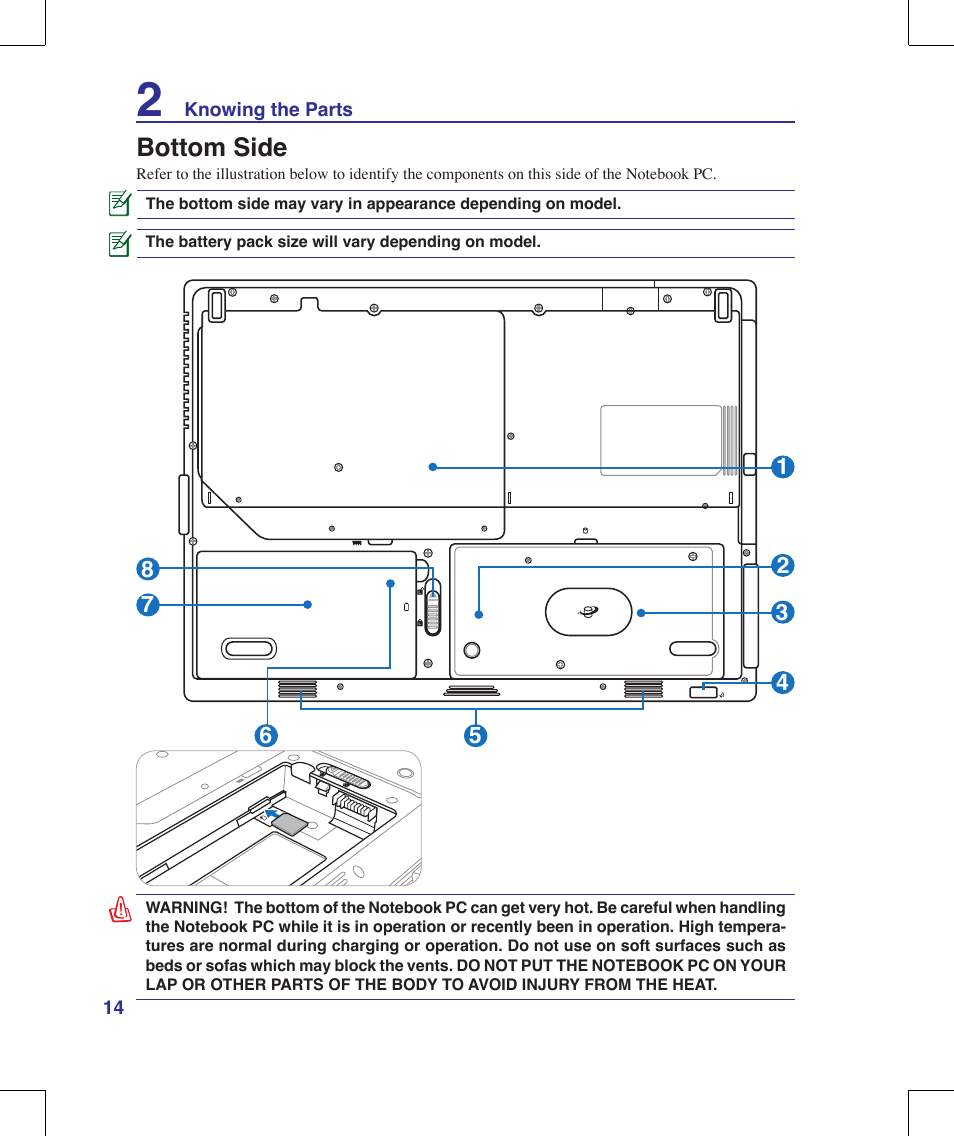 Bottom side | Asus F8Vr User Manual | Page 14 / 91