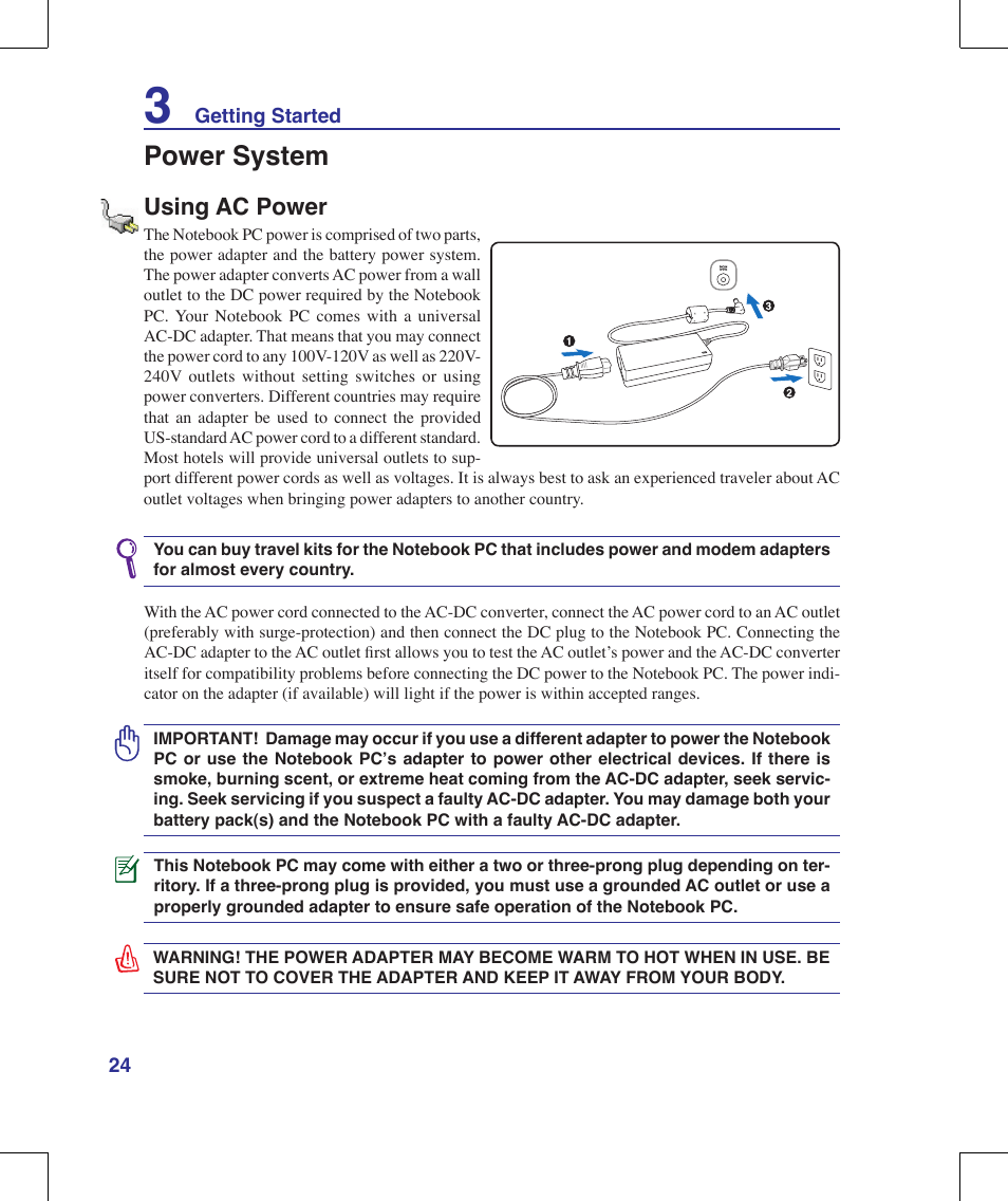 Power system, Using ac power | Asus F8Vr User Manual | Page 24 / 91