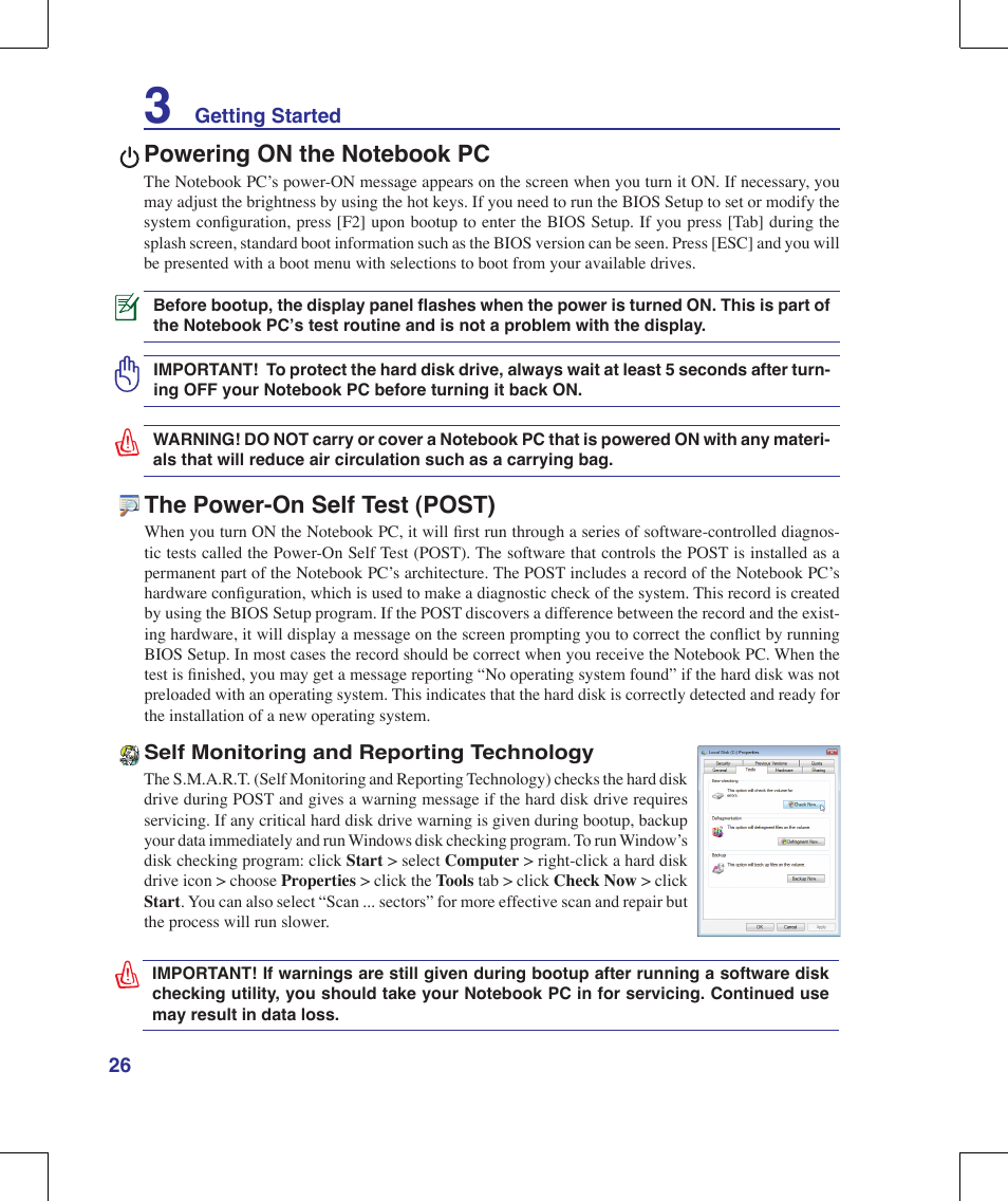 Powering on the notebook pc, The power-on self test (post) | Asus F8Vr User Manual | Page 26 / 91