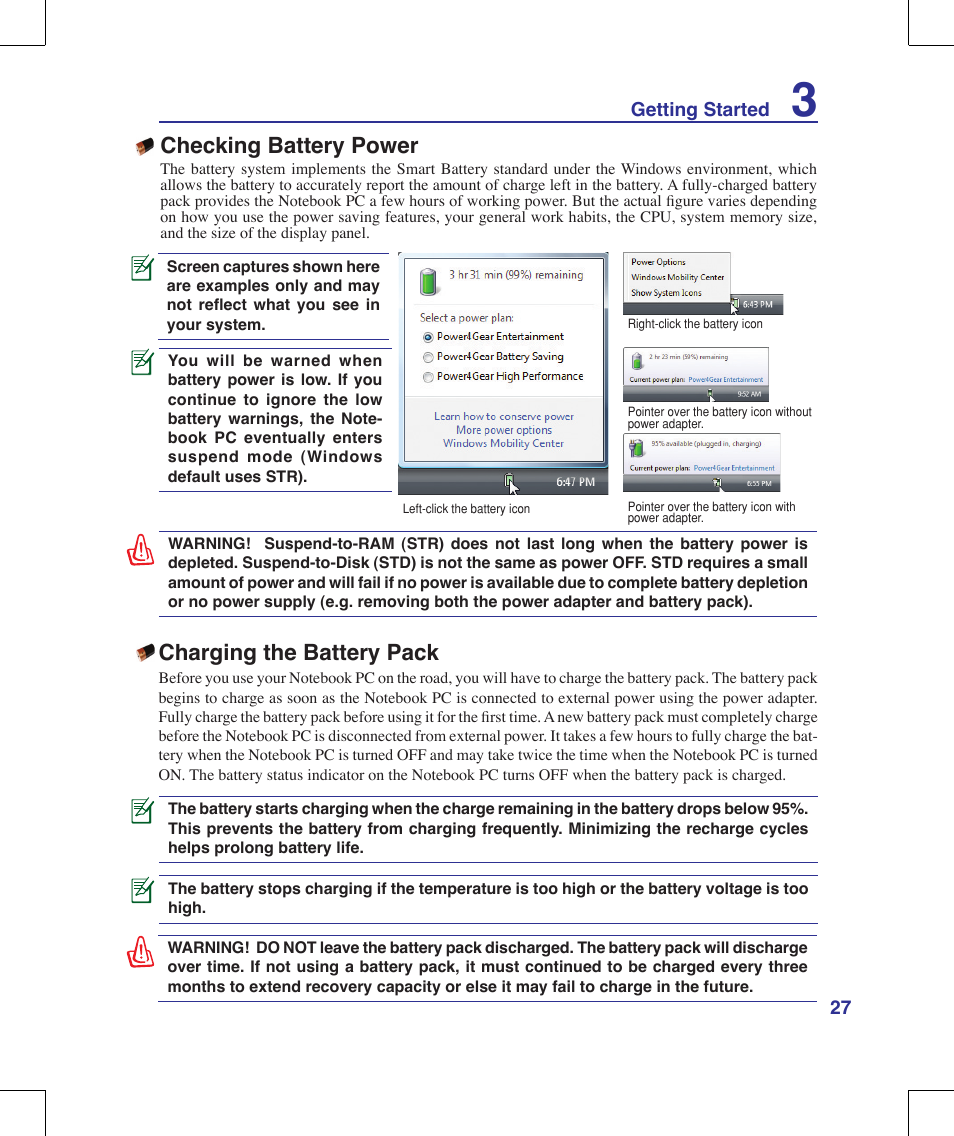 Checking battery power, Charging the battery pack | Asus F8Vr User Manual | Page 27 / 91