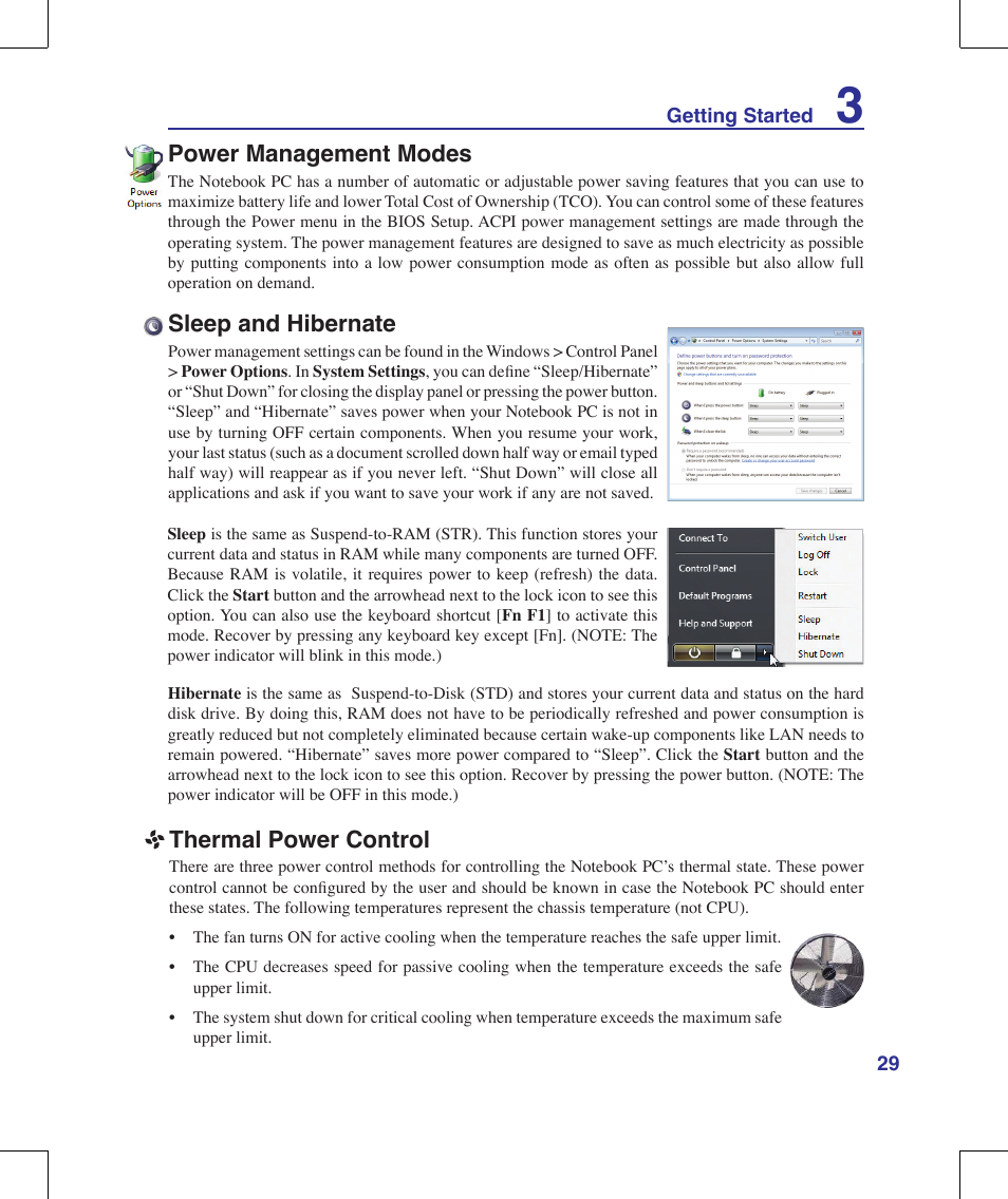 Power management modes, Sleep and hibernate, Thermal power control | Asus F8Vr User Manual | Page 29 / 91