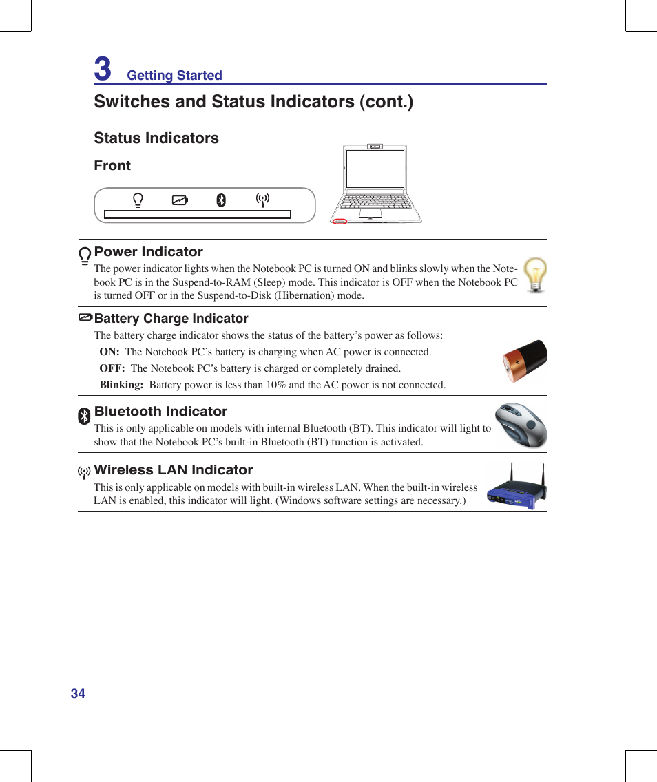 Status indicators, Switches and status indicators (cont.) | Asus F8Vr User Manual | Page 34 / 91