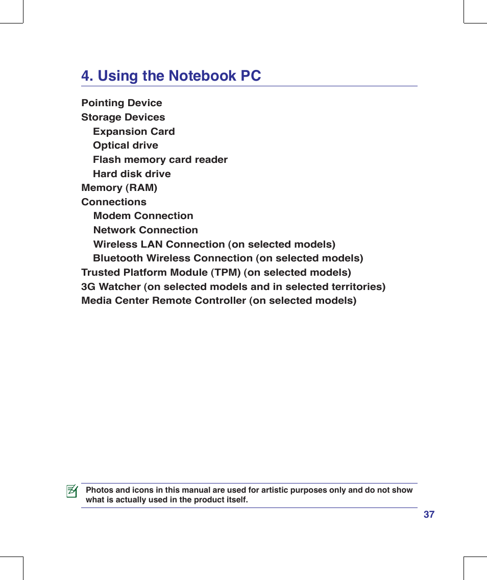 Using the notebook pc | Asus F8Vr User Manual | Page 37 / 91