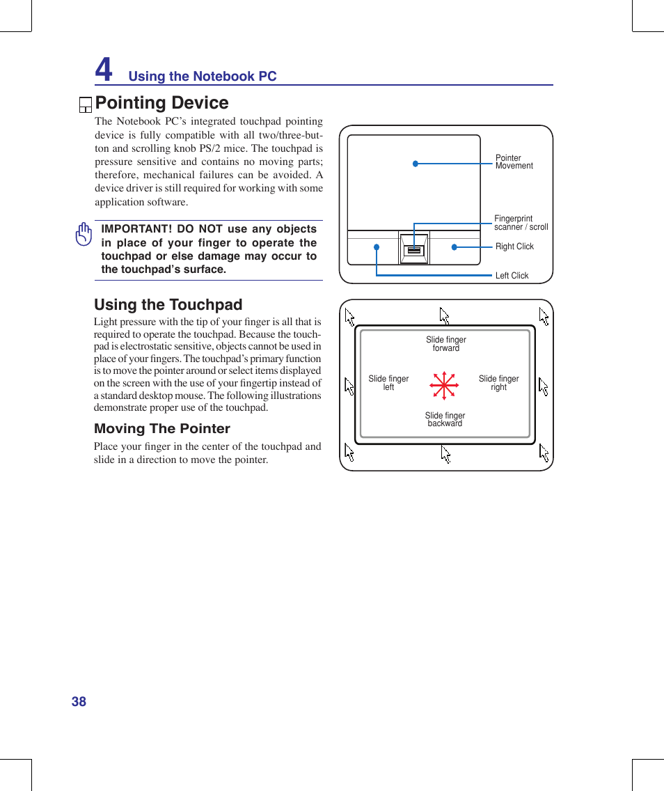 Pointing device, Using the touchpad | Asus F8Vr User Manual | Page 38 / 91