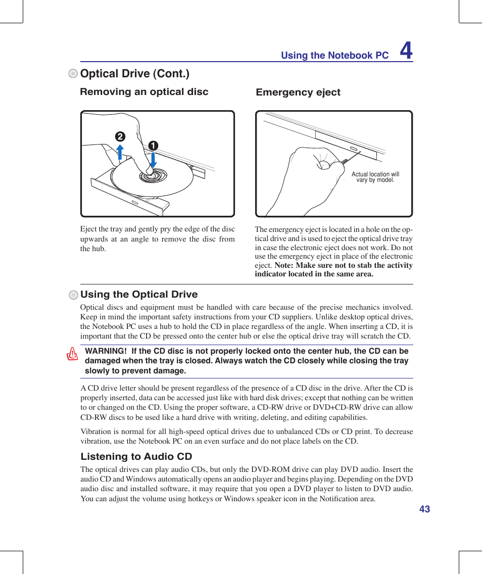 Optical drive (cont.) | Asus F8Vr User Manual | Page 43 / 91