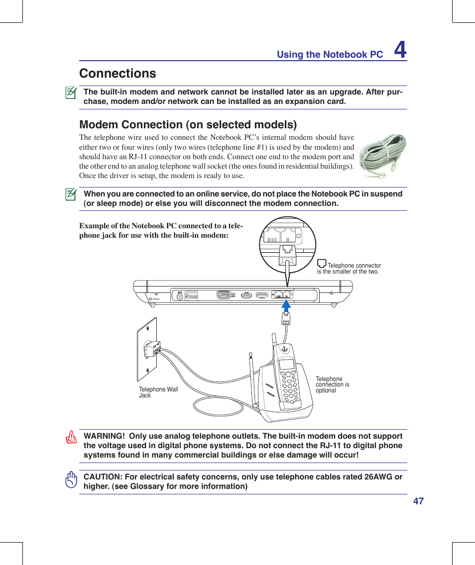 Connections, Modem connection (on selected models) | Asus F8Vr User Manual | Page 47 / 91