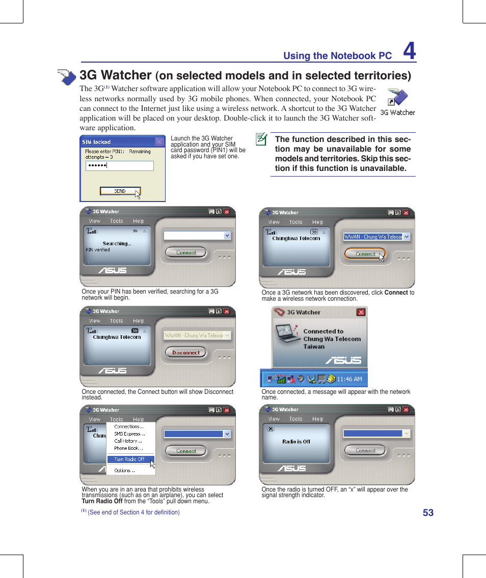 3g watcher, On selected models and in selected territories) | Asus F8Vr User Manual | Page 53 / 91