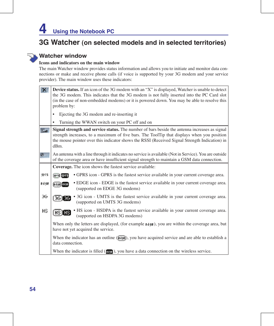 3g watcher, On selected models and in selected territories) | Asus F8Vr User Manual | Page 54 / 91