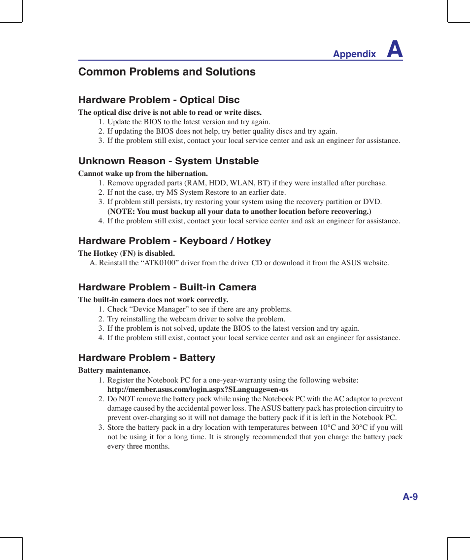 Common problems and solutions | Asus F8Vr User Manual | Page 67 / 91