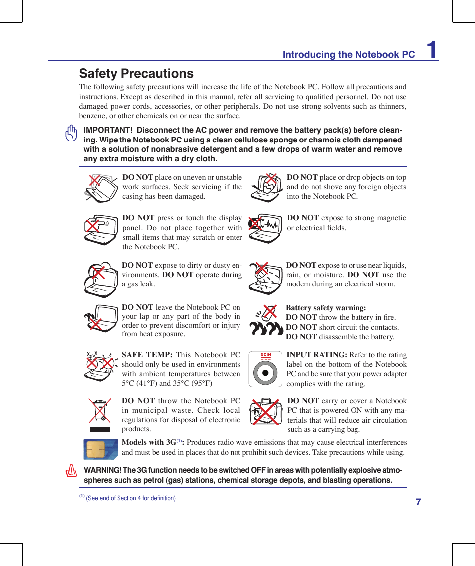 Safety precautions | Asus F8Vr User Manual | Page 7 / 91