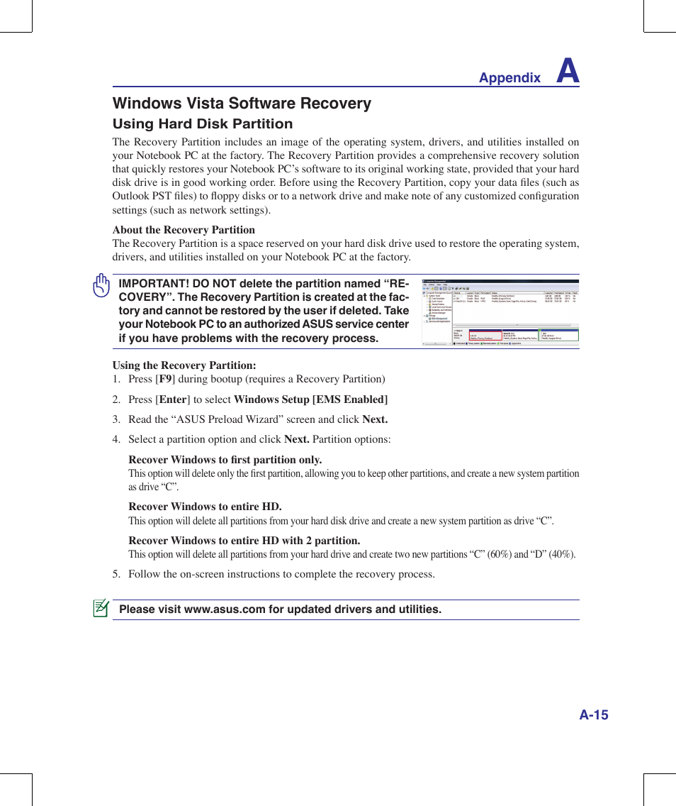 Windows vista software recovery | Asus F8Vr User Manual | Page 73 / 91