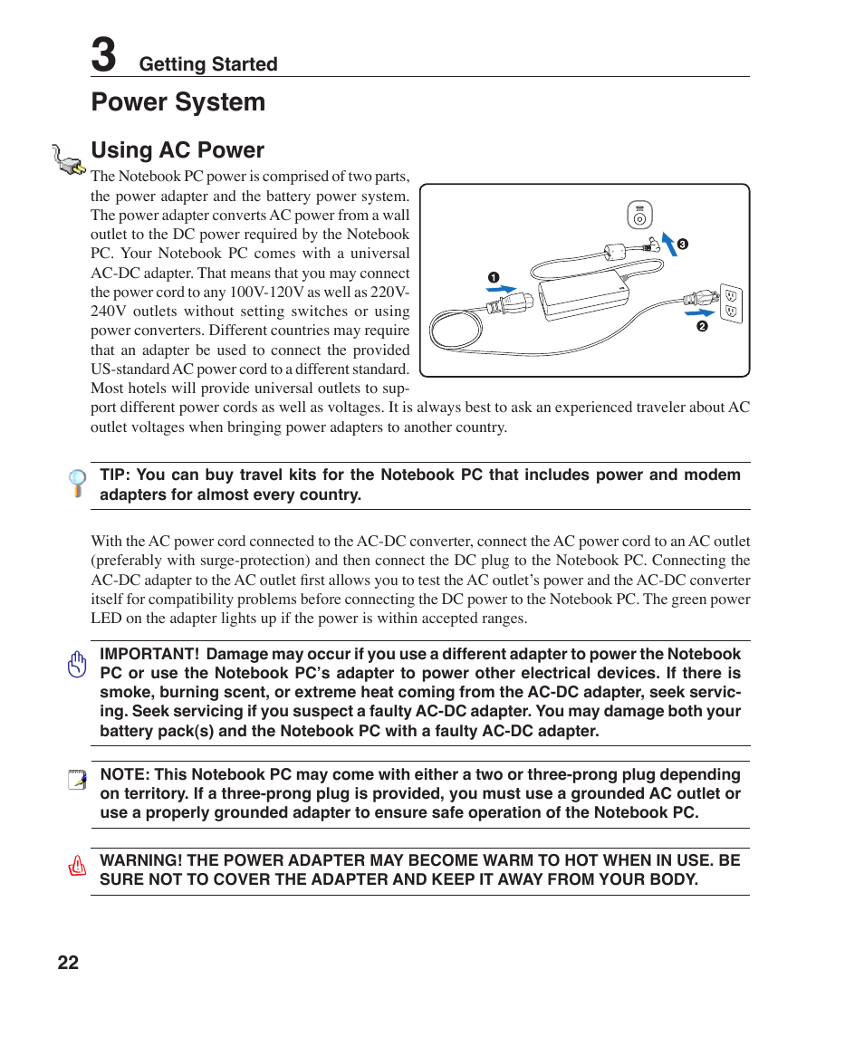 Power system, Using ac power | Asus Z35L User Manual | Page 22 / 71