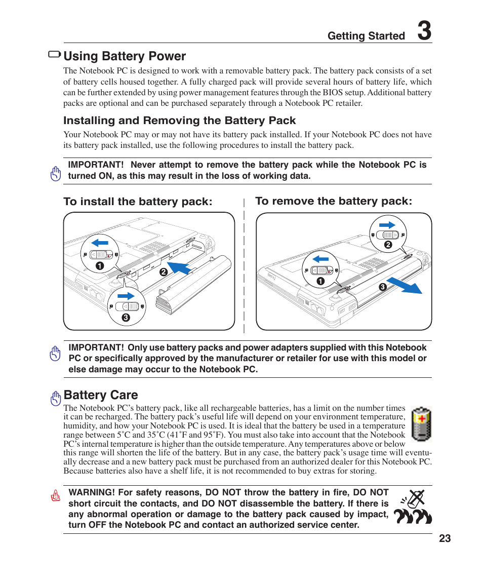 Using battery power, Battery care | Asus Z35L User Manual | Page 23 / 71