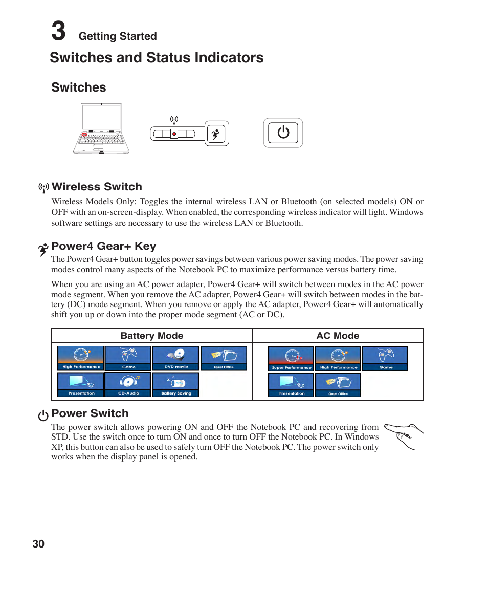 Switches and status indicators, Switches | Asus Z35L User Manual | Page 30 / 71