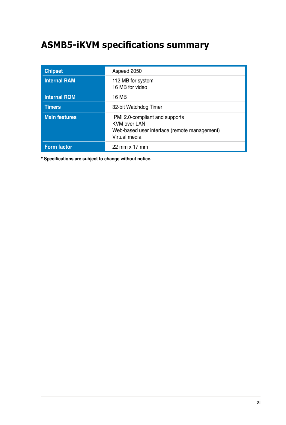 Asmb5-ikvm specifications summary | Asus ASMB5-iKVM User Manual | Page 11 / 88