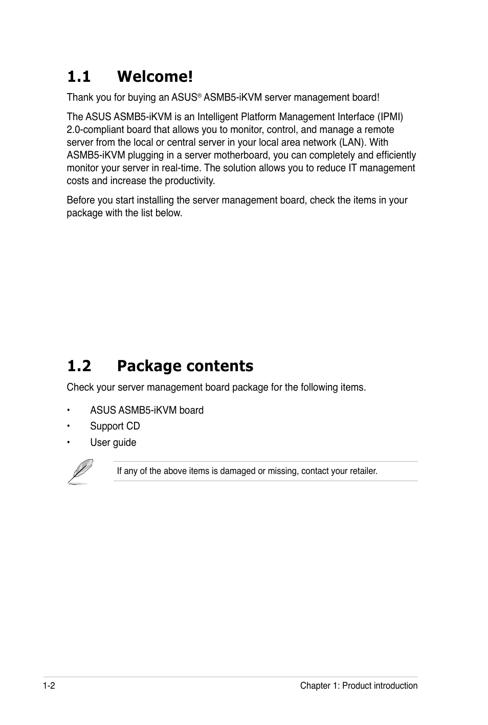 1 welcome, 2 package contents | Asus ASMB5-iKVM User Manual | Page 14 / 88