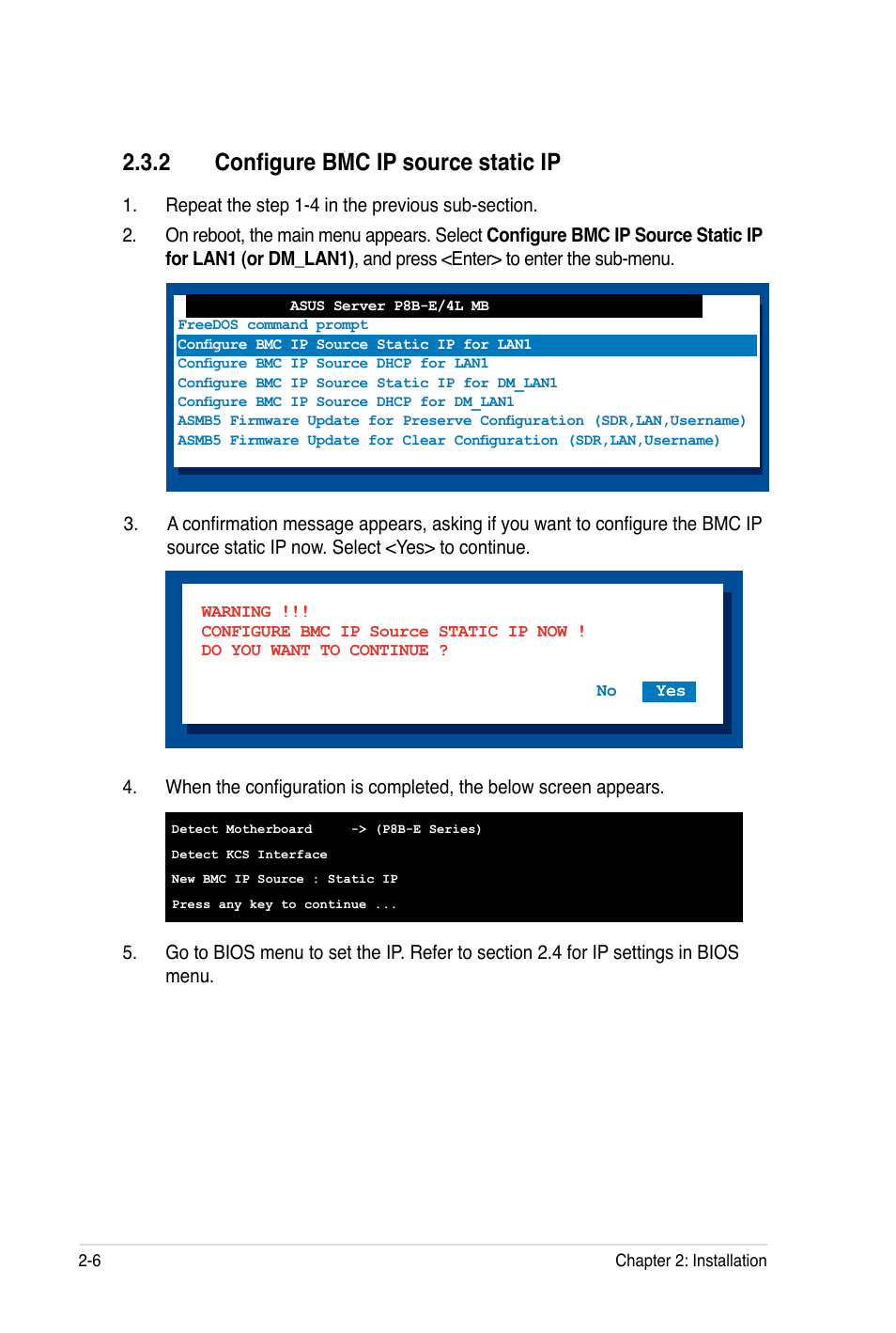 2 configure bmc ip source static ip | Asus ASMB5-iKVM User Manual | Page 24 / 88