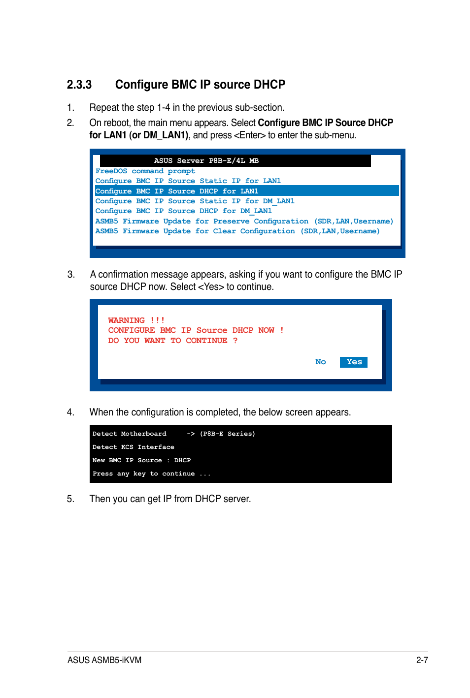 3 configure bmc ip source dhcp | Asus ASMB5-iKVM User Manual | Page 25 / 88