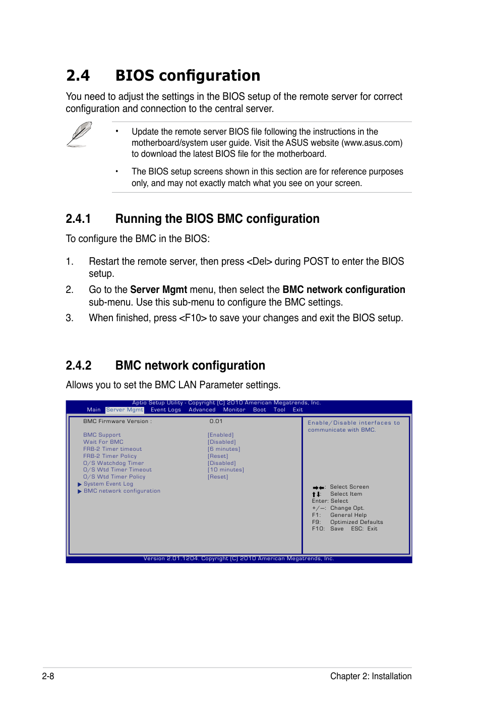 4 bios configuration, 1 running the bios bmc configuration, 2 bmc network configuration | Allows you to set the bmc lan parameter settings | Asus ASMB5-iKVM User Manual | Page 26 / 88