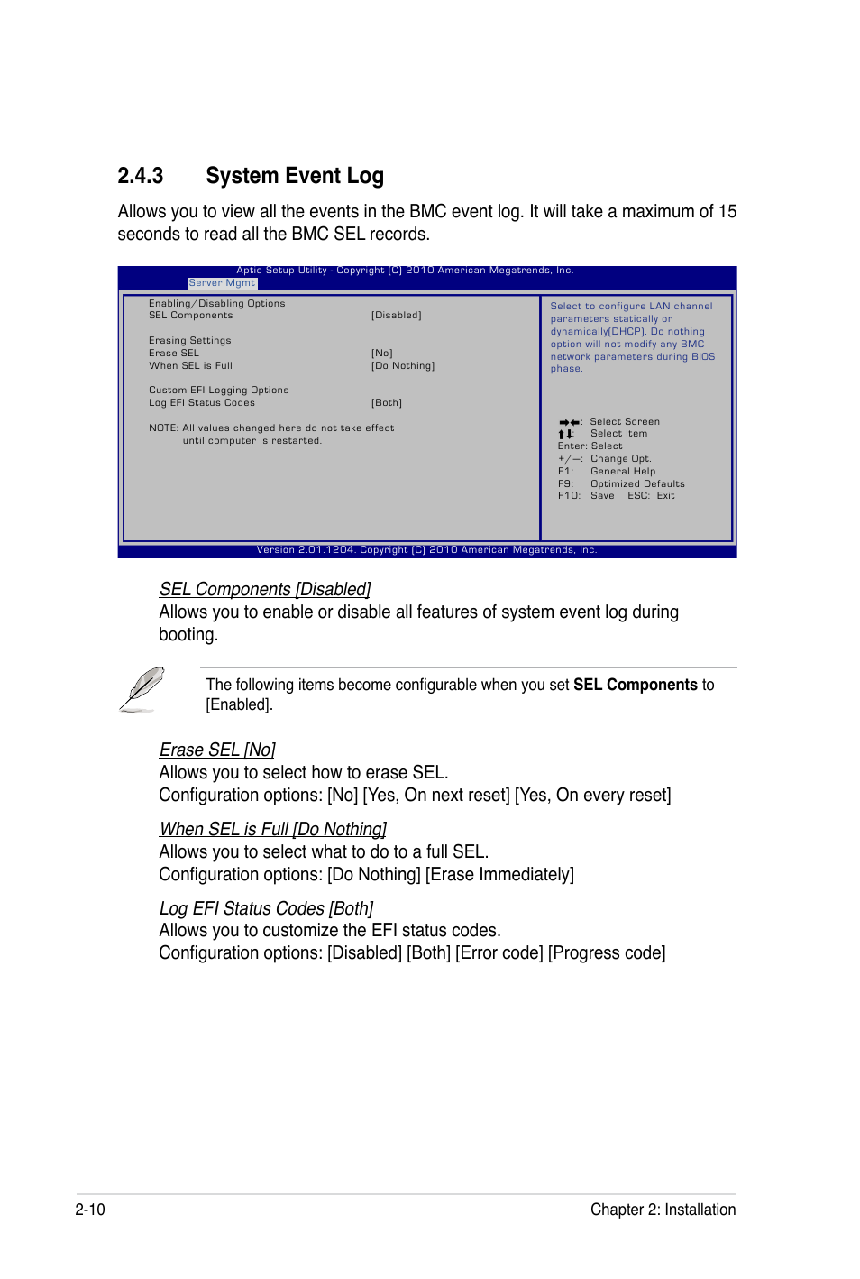 3 system event log, Sel components [disabled, Erase sel [no | When sel is full [do nothing, Log efi status codes [both | Asus ASMB5-iKVM User Manual | Page 28 / 88