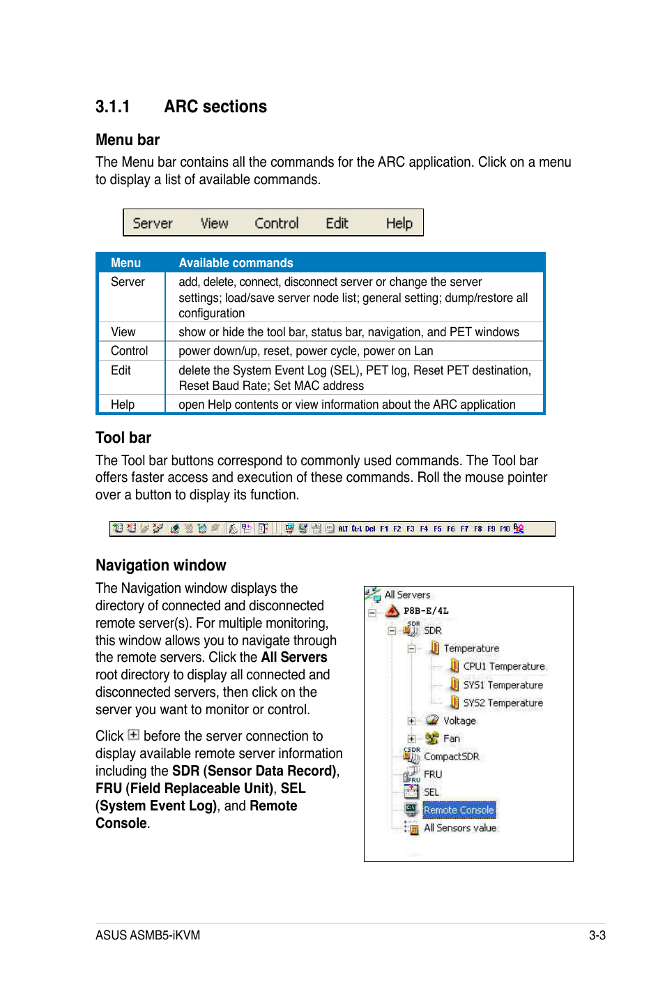 Menu bar, Tool bar, Navigation window | Asus ASMB5-iKVM User Manual | Page 37 / 88