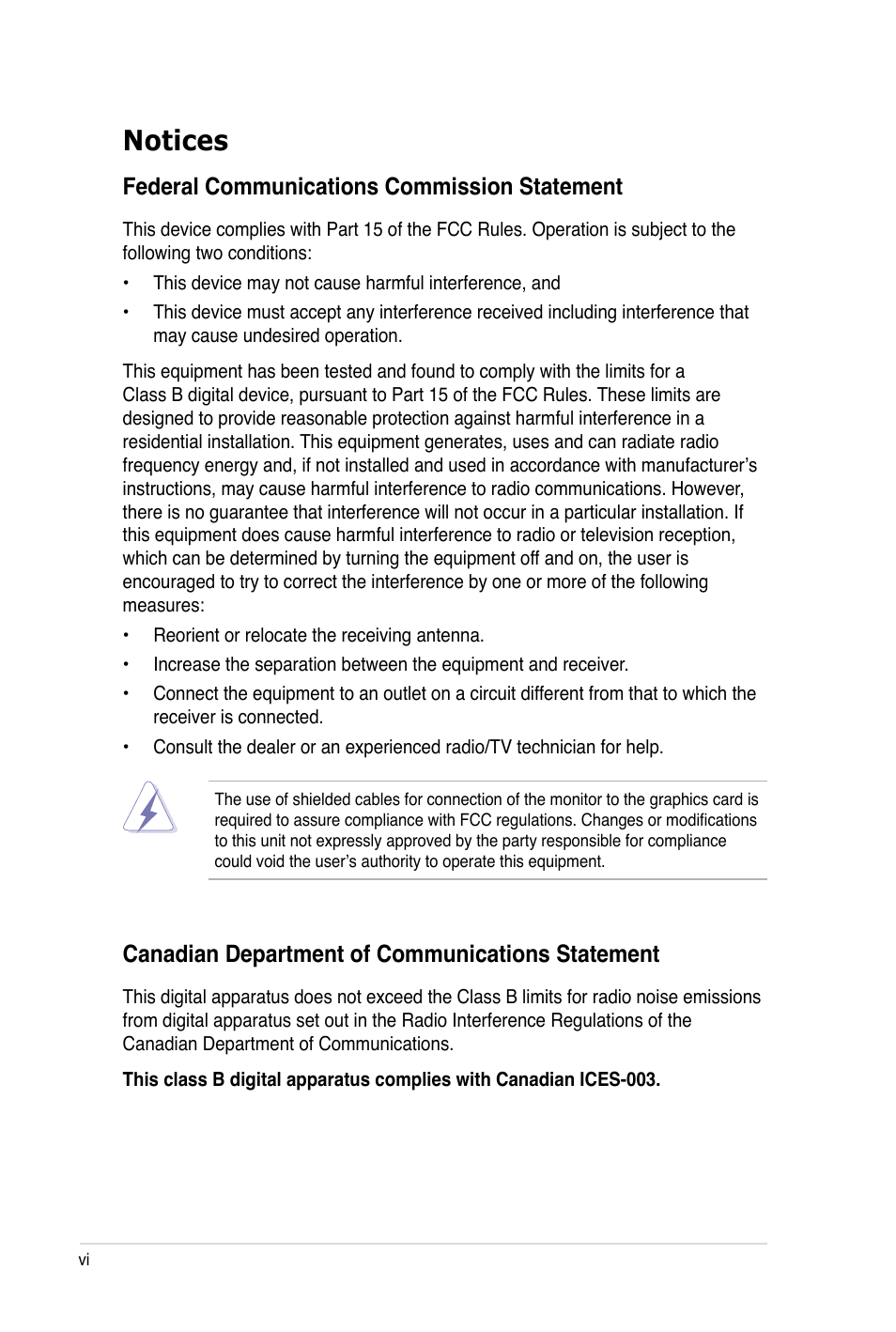 Notices, Federal communications commission statement, Canadian department of communications statement | Asus ASMB5-iKVM User Manual | Page 6 / 88