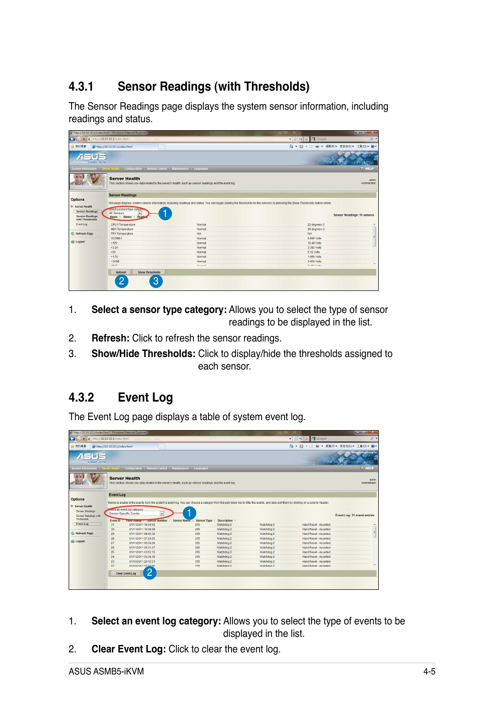 1 sensor readings (with thresholds), 2 event log | Asus ASMB5-iKVM User Manual | Page 67 / 88