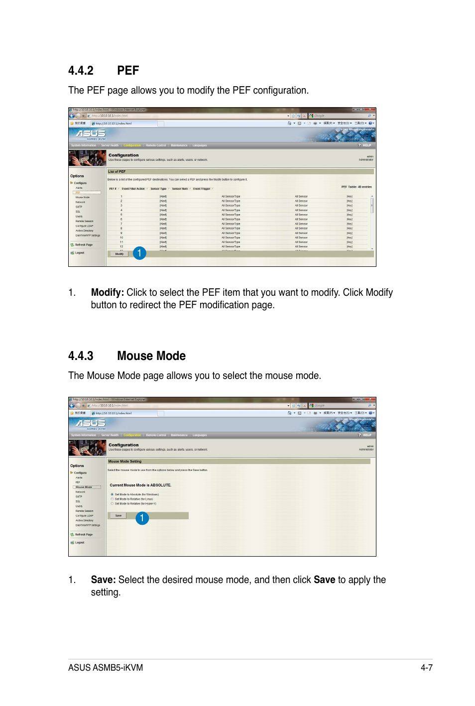 2 pef, 3 mouse mode | Asus ASMB5-iKVM User Manual | Page 69 / 88