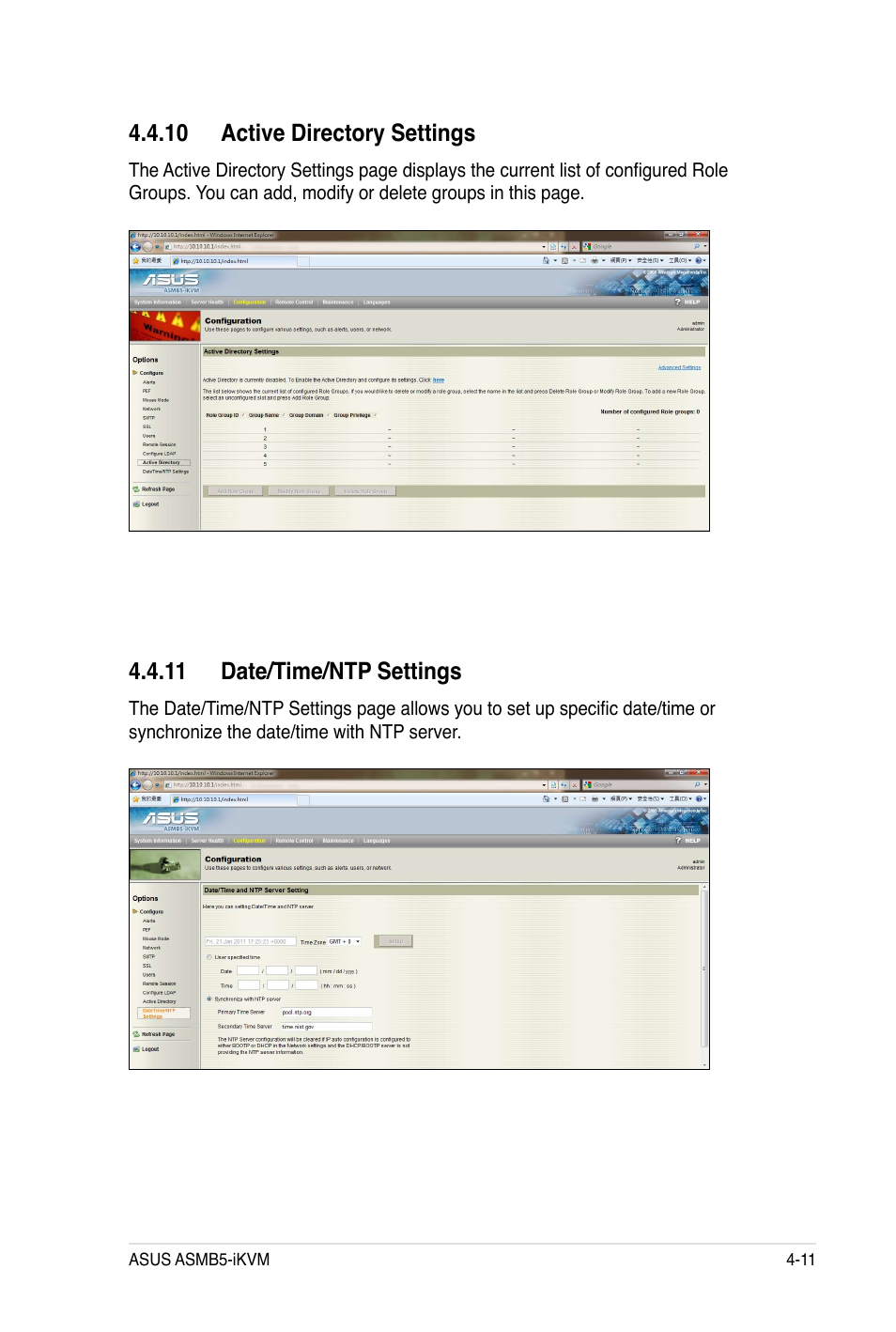 11 date/time/ntp settings, 10 active directory settings | Asus ASMB5-iKVM User Manual | Page 73 / 88