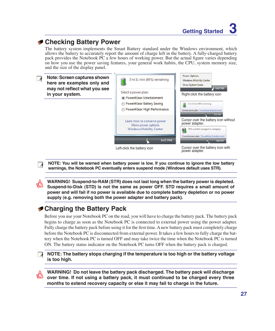 Checking battery power, Charging the battery pack | Asus G1Sn User Manual | Page 27 / 89