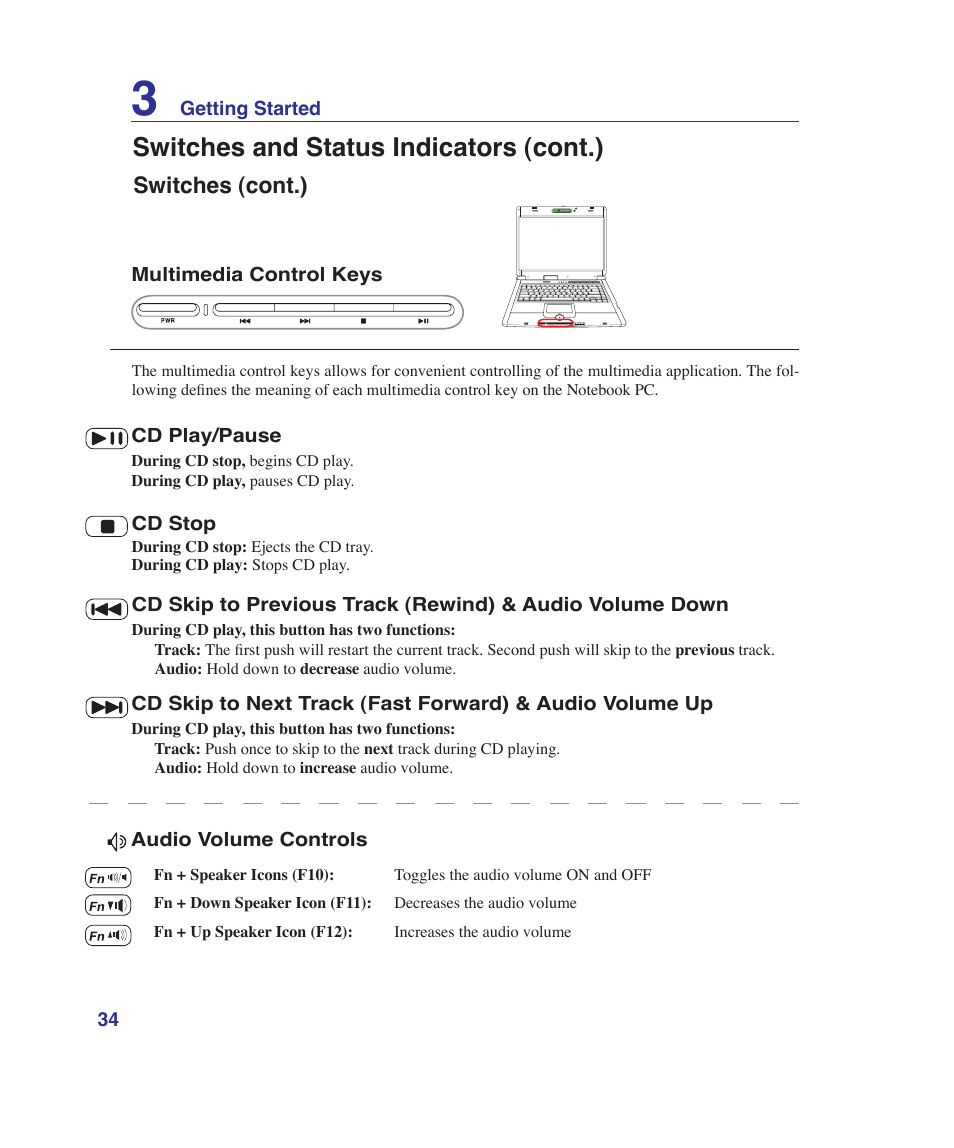 Switches and status indicators (cont.) | Asus G1Sn User Manual | Page 34 / 89