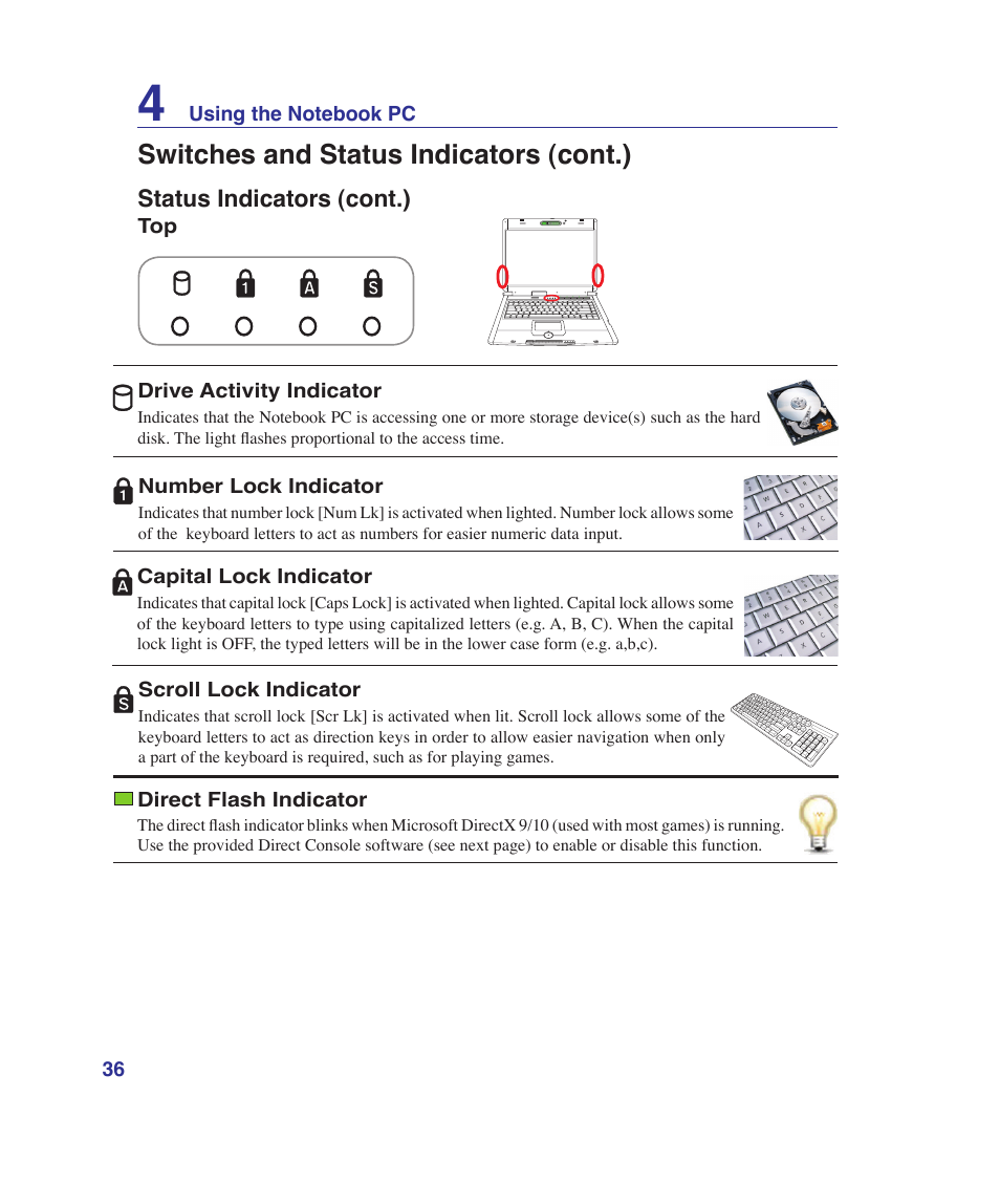 Switches and status indicators (cont.) | Asus G1Sn User Manual | Page 36 / 89