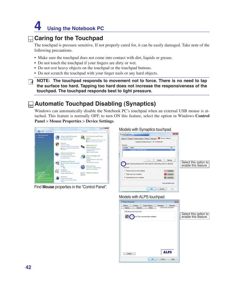 Caring for the touchpad, Automatic touchpad disabling (synaptics) | Asus G1Sn User Manual | Page 42 / 89