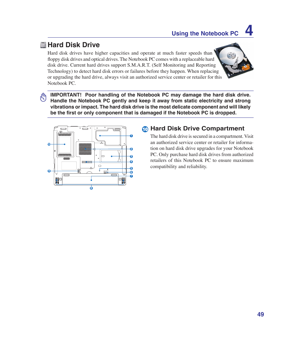 Hard disk drive, Hard disk drive compartment | Asus G1Sn User Manual | Page 49 / 89