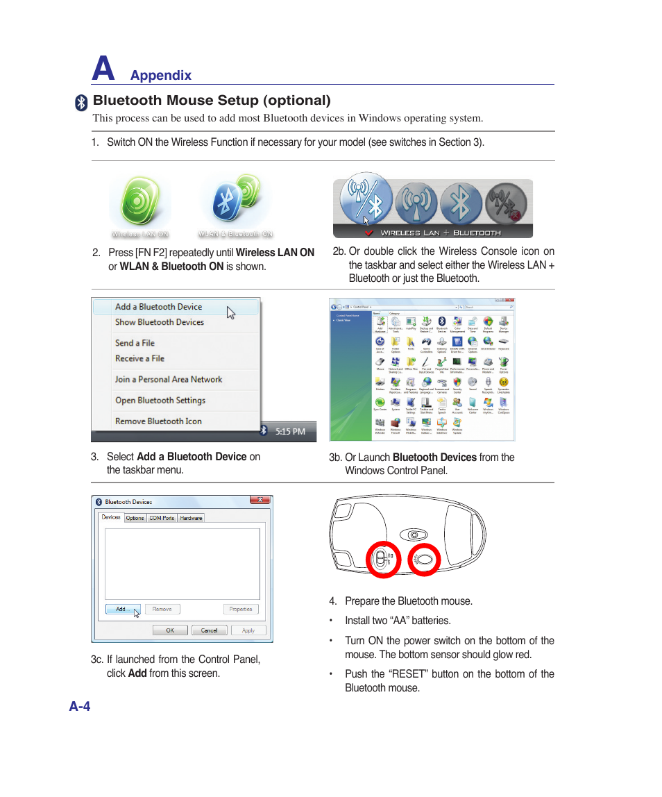 Appendix, Bluetooth mouse setup (optional) | Asus G1Sn User Manual | Page 60 / 89