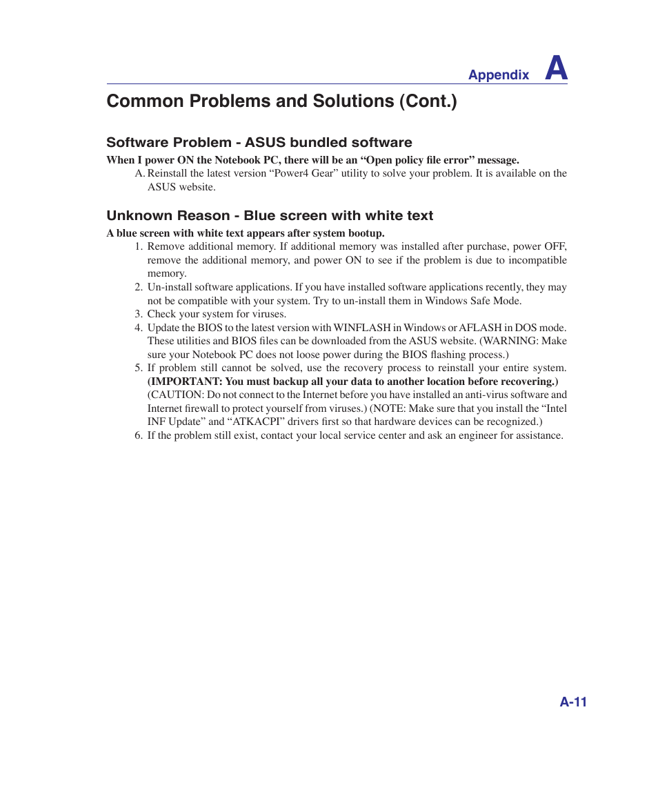 Common problems and solutions (cont.) | Asus G1Sn User Manual | Page 67 / 89