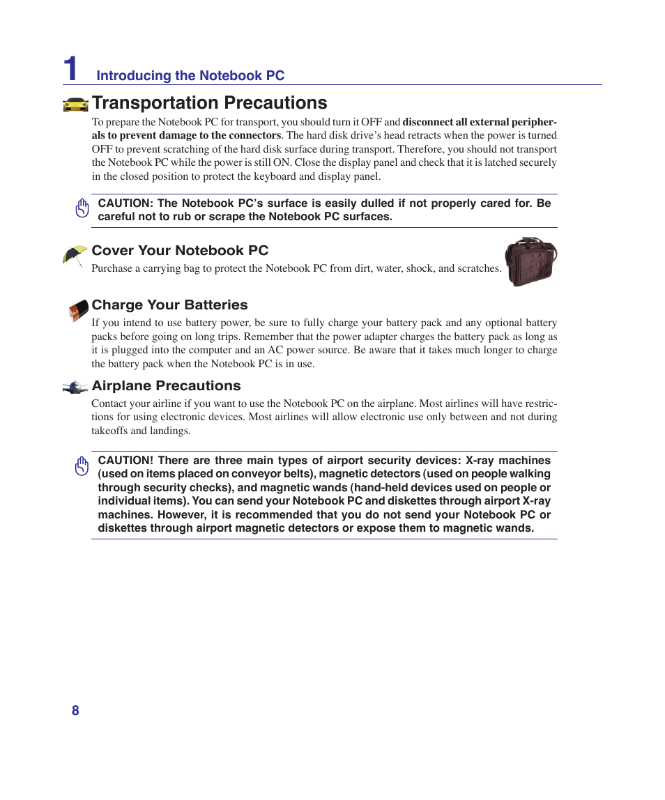 Transportation precautions | Asus G1Sn User Manual | Page 8 / 89