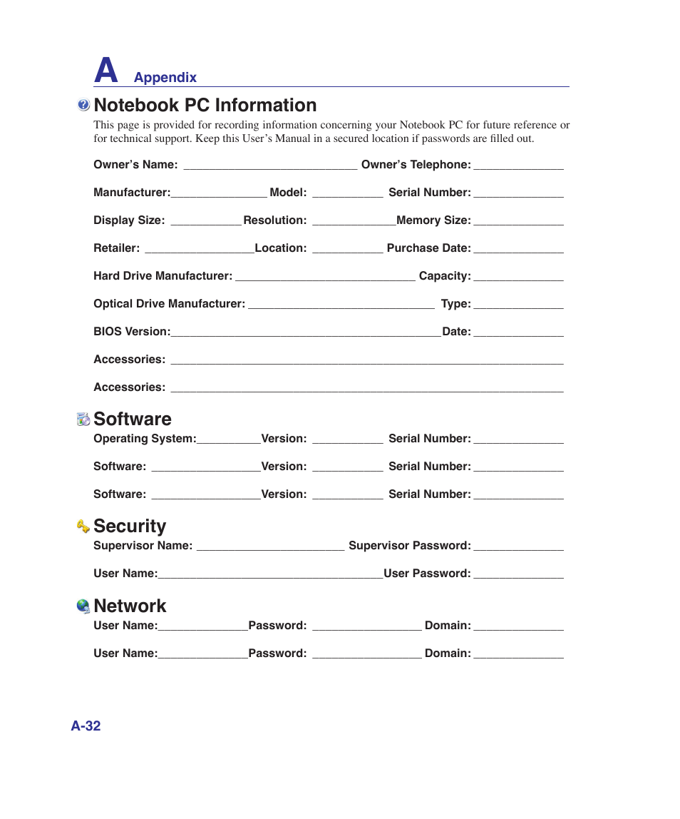 Software, Security, Network | Asus G1Sn User Manual | Page 88 / 89