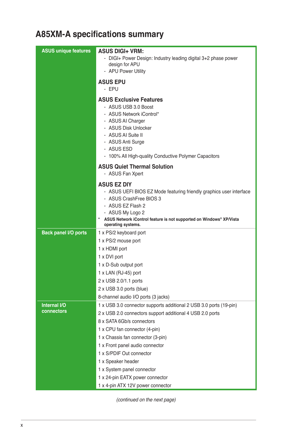 A85xm-a specifications summary | Asus A85XM-A User Manual | Page 10 / 78