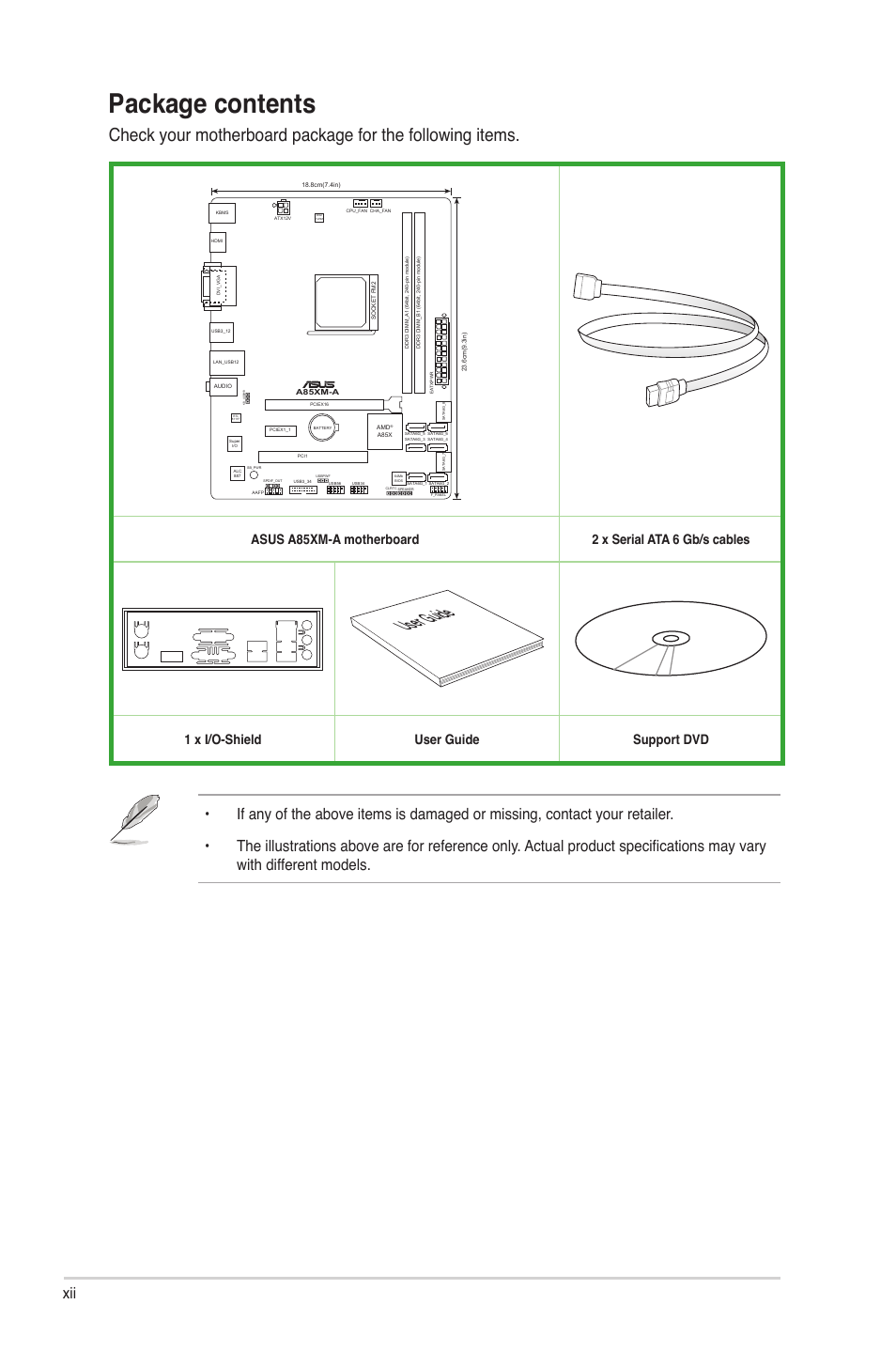 Package contents, User guide, 1 x i/o-shield user guide support dvd | Asus A85XM-A User Manual | Page 12 / 78