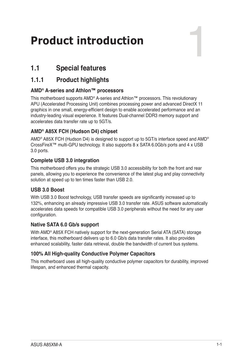 Chapter 1: product introduction, 1 special features, 1 product highlights | Product introduction, 1 special features -1, Product highlights -1 | Asus A85XM-A User Manual | Page 13 / 78