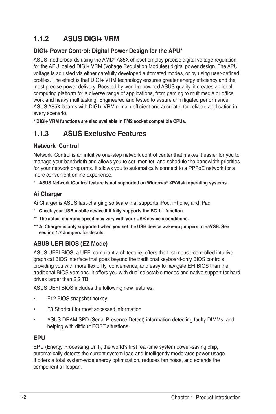 2 asus digi+ vrm, 3 asus exclusive features, Asus digi+ vrm -2 | Asus exclusive features -2 | Asus A85XM-A User Manual | Page 14 / 78