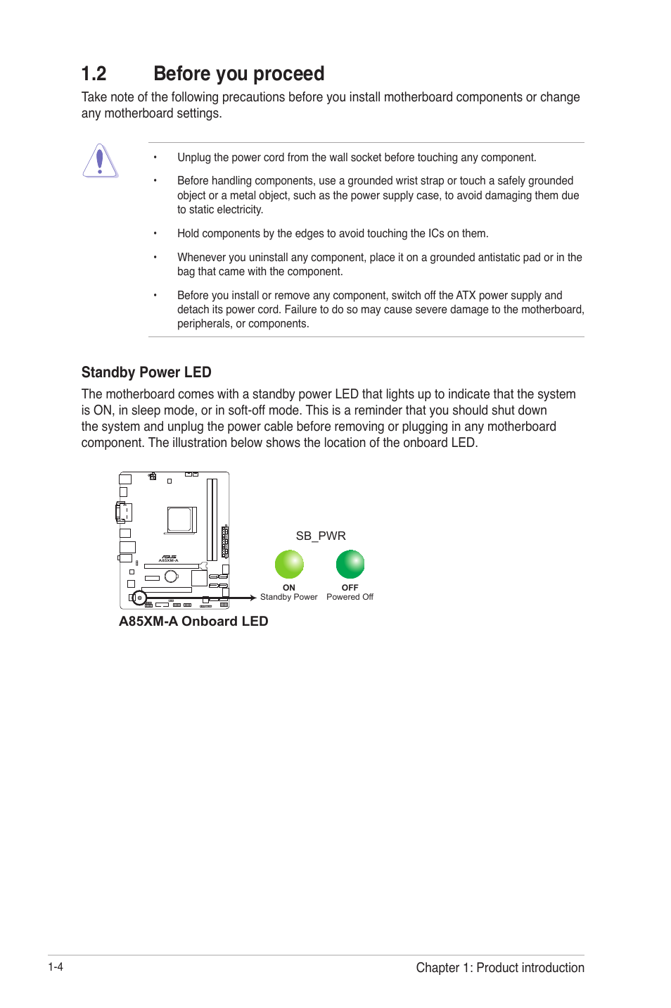 2 before you proceed, 2 before you proceed -4, Standby power led | Asus A85XM-A User Manual | Page 16 / 78