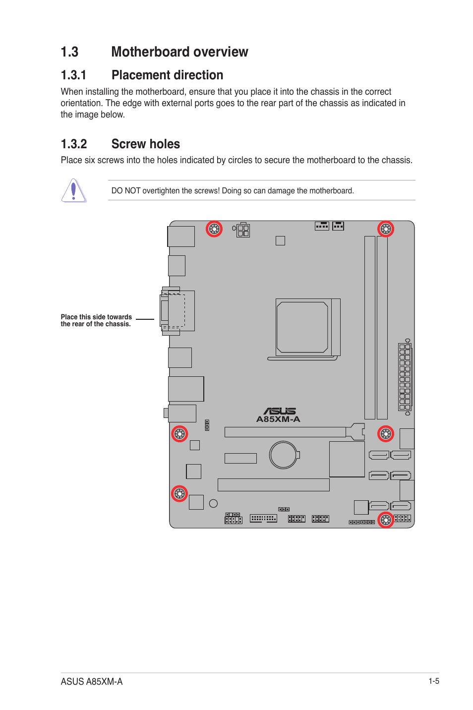 3 motherboard overview, 1 placement direction, 2 screw holes | 3 motherboard overview -5, Placement direction -5, Screw holes -5 | Asus A85XM-A User Manual | Page 17 / 78